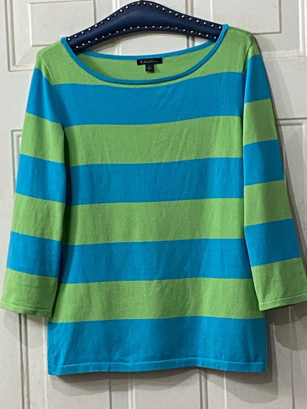 Brooks Brothers Sz L Womens Sweater Pullover 3/4 Sleeve Turquoise/Lime Stripe